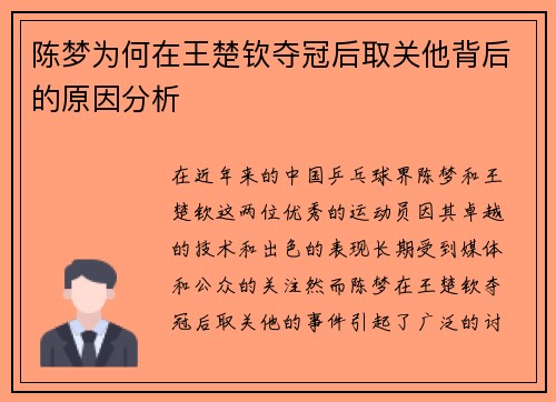陈梦为何在王楚钦夺冠后取关他背后的原因分析 陈梦为何在王楚钦夺冠后取关他背后的原因分析