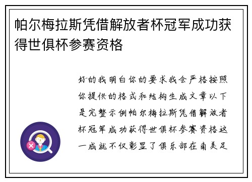 帕尔梅拉斯凭借解放者杯冠军成功获得世俱杯参赛资格