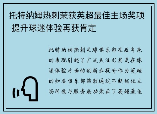 托特纳姆热刺荣获英超最佳主场奖项 提升球迷体验再获肯定